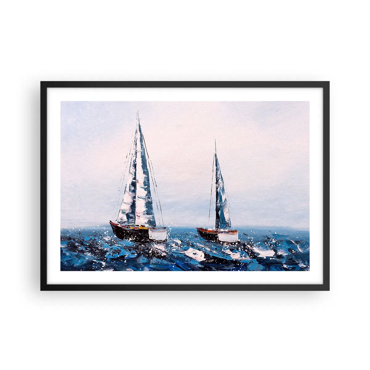 Affiche dans un cadre noir - Poster - Voiliers sur une mer agitée dans une composition picturale - 70x50cm - Confrérie du vent - Décoration murale moderne pour le salon et la chambre ARTTOR
