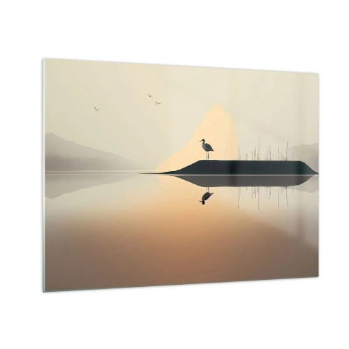 Impression sur verre - Image sur verre - Un héron debout sur une île dans les eaux calmes d'un lac - 70x50cm - Le seigneur du lac - Décoration murale moderne pour le salon et la chambre ARTTOR