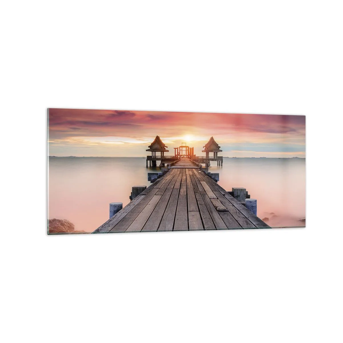 Impression sur verre - Image sur verre - Jetée en bois menant aux belvédères au coucher du soleil - 120x50cm - L'Ouest à l'Est - Décoration murale moderne pour le salon et la chambre ARTTOR