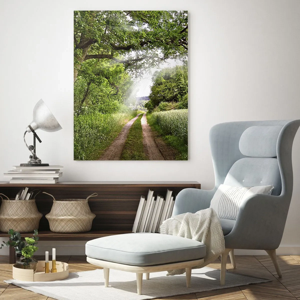 Impression sur verre - Image sur verre - Une route forestière entourée de verdure sous les rayons du soleil - 50x70cm - Et in Arcadia ego - Décoration murale moderne pour le salon et la chambre ARTTOR