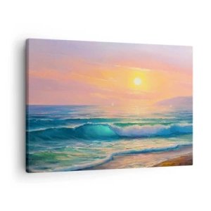 Impression sur toile - Image sur toile - Paysage marin avec coucher de soleil - 70x50cm - Le chant turquoise des vagues - Décoration murale moderne pour le salon et la chambre ARTTOR