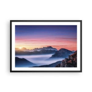 Affiche dans un cadre noir - Poster - Paysage de montagne au lever du soleil avec du brouillard dans les vallées - 70x50cm - Au-dessus des vallées - Décoration murale moderne pour le salon et la chambre ARTTOR