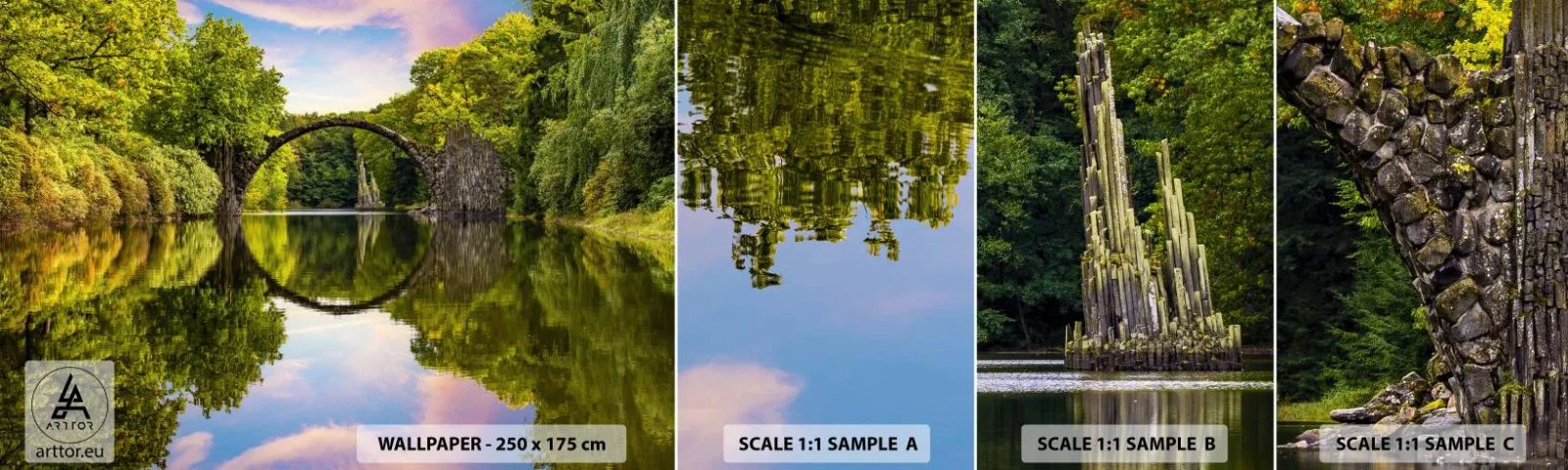 Échantillon de Papier Peint Autocollant Deluxe Sticker - À la jonction de deux mondes - Paysage, Rivière, Pont - 100x30 cm