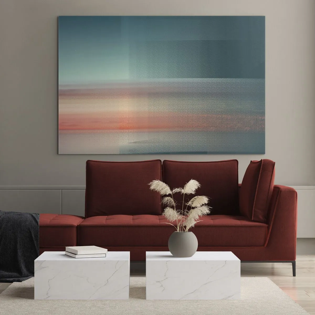 Impression sur verre - Image sur verre - Une abstraction pastel rappelant les vagues lumineuses au coucher du soleil. - 70x50cm - Résumé : vagues de lumière - Décoration murale moderne pour le salon et la chambre ARTTOR