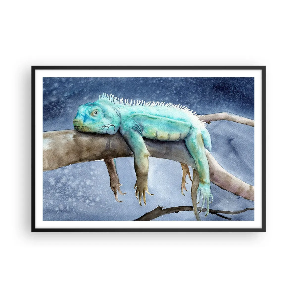 Affiche dans un cadre noir - Poster - Iguane bleu reposant sur une branche - 100x70cm - Tout va bien! - Décoration murale moderne pour le salon et la chambre ARTTOR