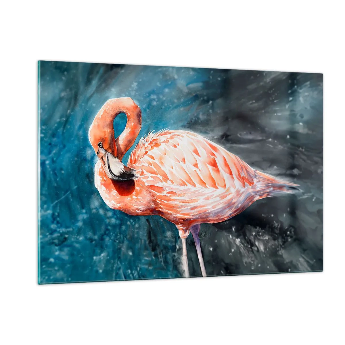 Impression sur verre - Image sur verre - Un flamant rose sur un fond aquarelle bleu - 120x80cm - Décoratif par nature - Décoration murale moderne pour le salon et la chambre ARTTOR