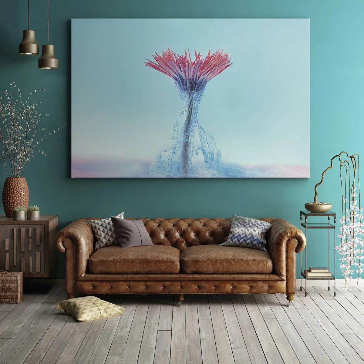 Impression sur toile - Image sur toile - Une fleur rose et bleue dans un arrangement artistique sur un fond pastel - 120x80cm - Dans une étreinte vivifiante - Décoration murale moderne pour le salon et la chambre ARTTOR