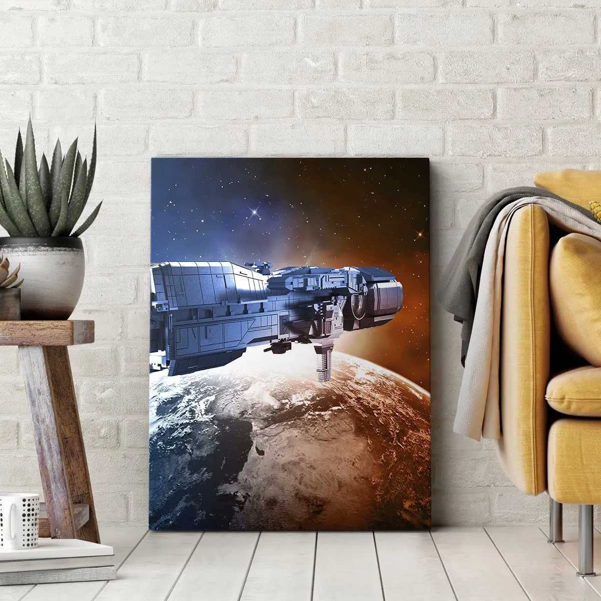 Impression sur toile - Image sur toile - Un vaisseau spatial avec en arrière-plan une planète dans l'espace - 50x70cm - Un observateur attentif - Décoration murale moderne pour le salon et la chambre ARTTOR