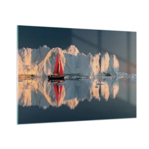 Impression sur verre - Image sur verre - Un voilier avec une voile rouge près des icebergs au coucher du soleil - 100x70cm - Aux limites du monde - Décoration murale moderne pour le salon et la chambre ARTTOR