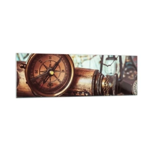 Impression sur verre - Image sur verre - Un ensemble rétro avec une boussole, un télescope et une carte sur le thème du voyage - 160x50cm - Une aventure de pirates dans les Caraïbes vous attend - Décoration murale moderne pour le salon et la chambre ARTTO