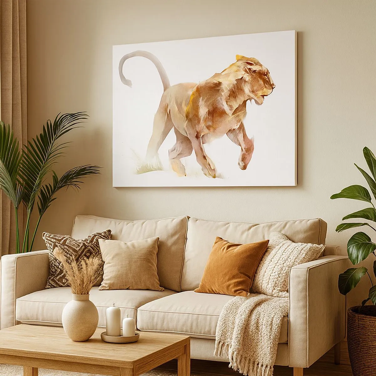 Impression sur toile - Image sur toile - Une lionne qui court dans une interprétation artistique - 70x50cm - Grâce sauvage - Décoration murale moderne pour le salon et la chambre ARTTOR