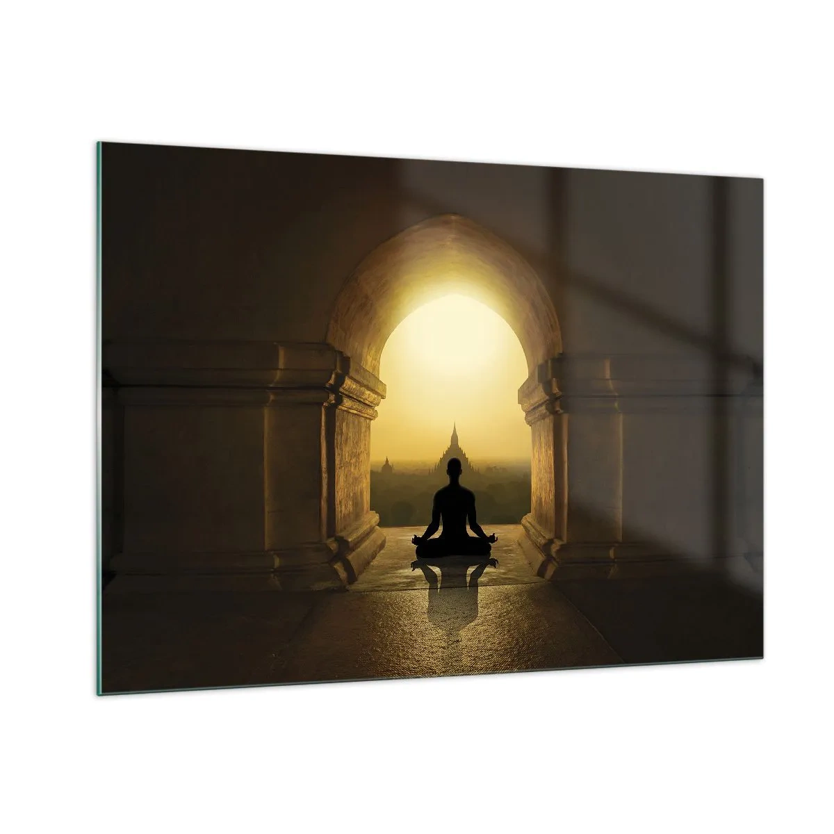 Impression sur verre - Image sur verre - Silhouette d'une personne méditant à la lumière du soleil couchant dans une arche architecturale - 100x70cm - Pleine harmonie - Décoration murale moderne pour le salon et la chambre ARTTOR