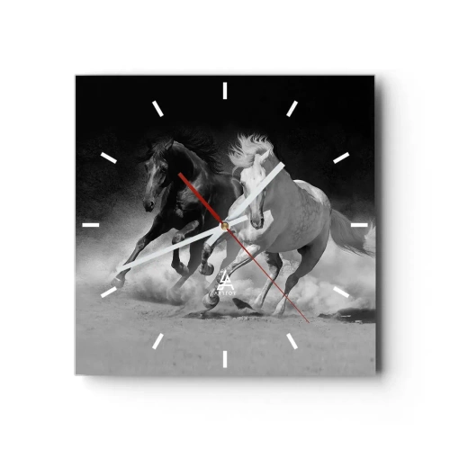 Horloge murale - Pendule murale - Chevaux au galop en noir et blanc - 30x30cm - Galop de la liberté - Décoration murale moderne pour le salon et la chambre ARTTOR
