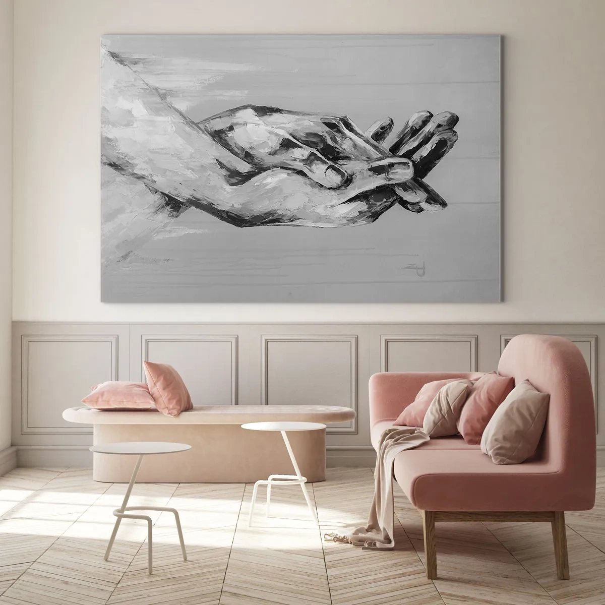 Impression sur verre - Image sur verre - Peinture en noir et blanc de deux mains se tendant l'une vers l'autre - 100x70cm - Début... - Décoration murale moderne pour le salon et la chambre ARTTOR