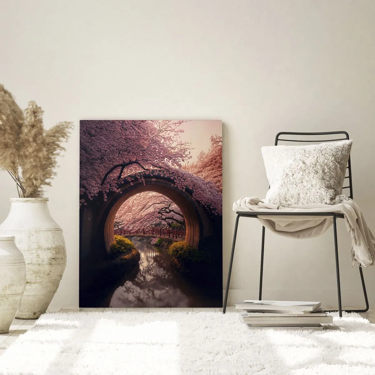Impression sur verre - Image sur verre - Fleurs de cerisier et pont japonais vus à travers la porte ronde - 50x70cm - Printemps japonais - Décoration murale moderne pour le salon et la chambre ARTTOR