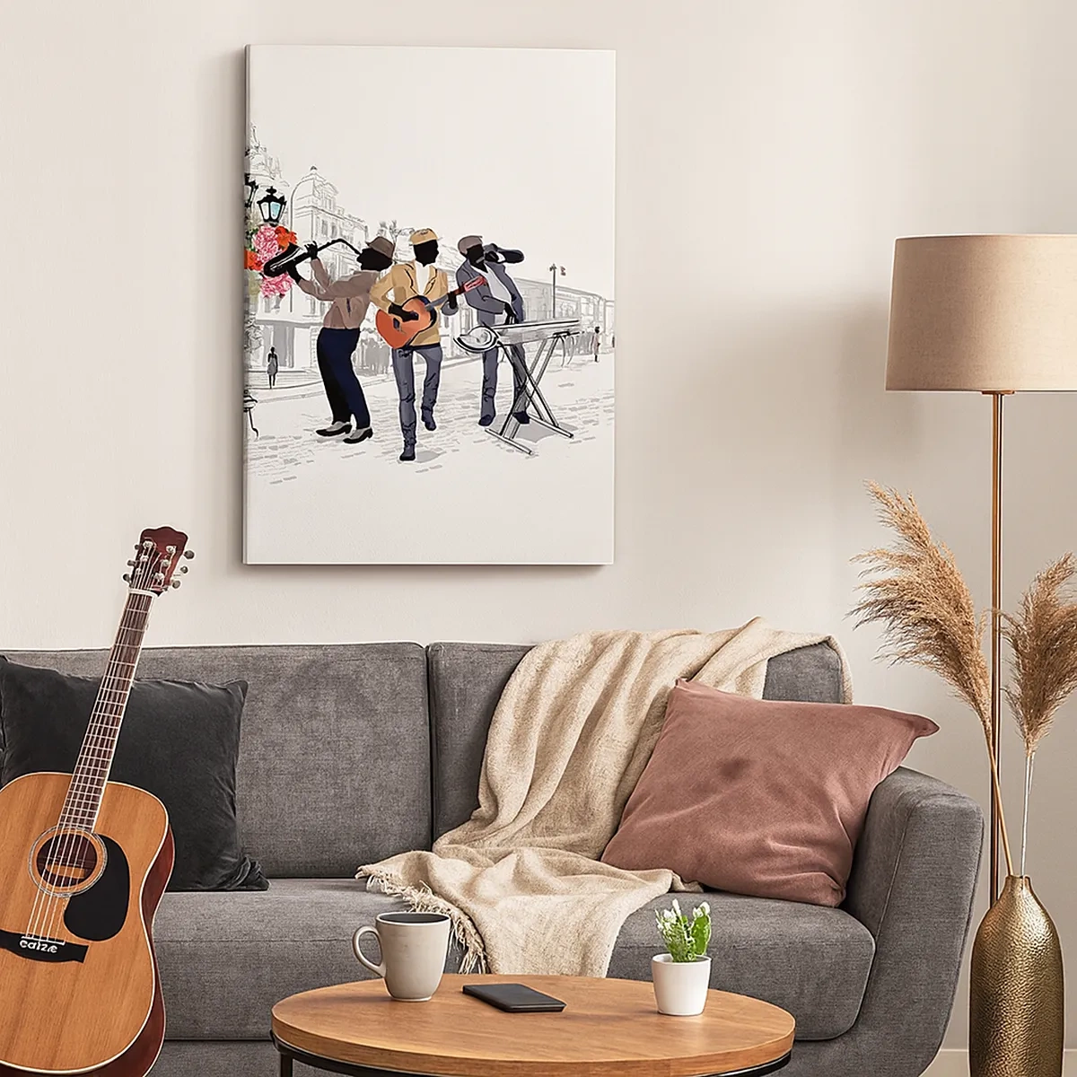 Impression sur toile - Image sur toile - Des musiciens de rue jouent dans un paysage urbain - 50x70cm - Musique de rue - Décoration murale moderne pour le salon et la chambre ARTTOR