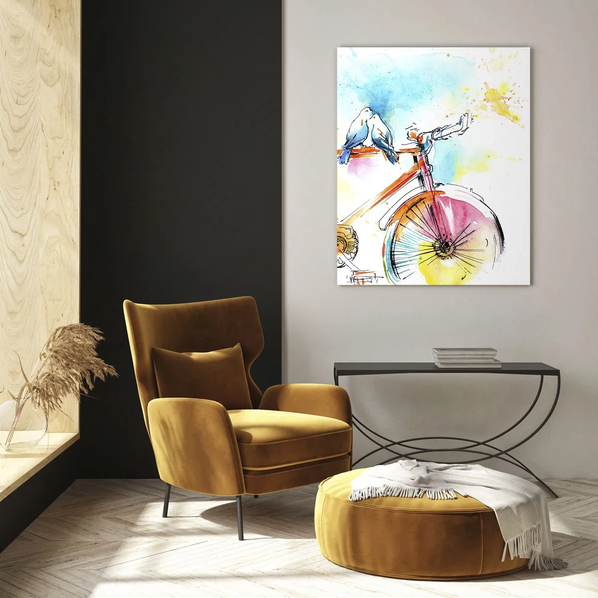 Impression sur verre - Image sur verre - Un vélo coloré avec des oiseaux assis sur le guidon - 50x70cm - À deux en vélo - Décoration murale moderne pour le salon et la chambre ARTTOR