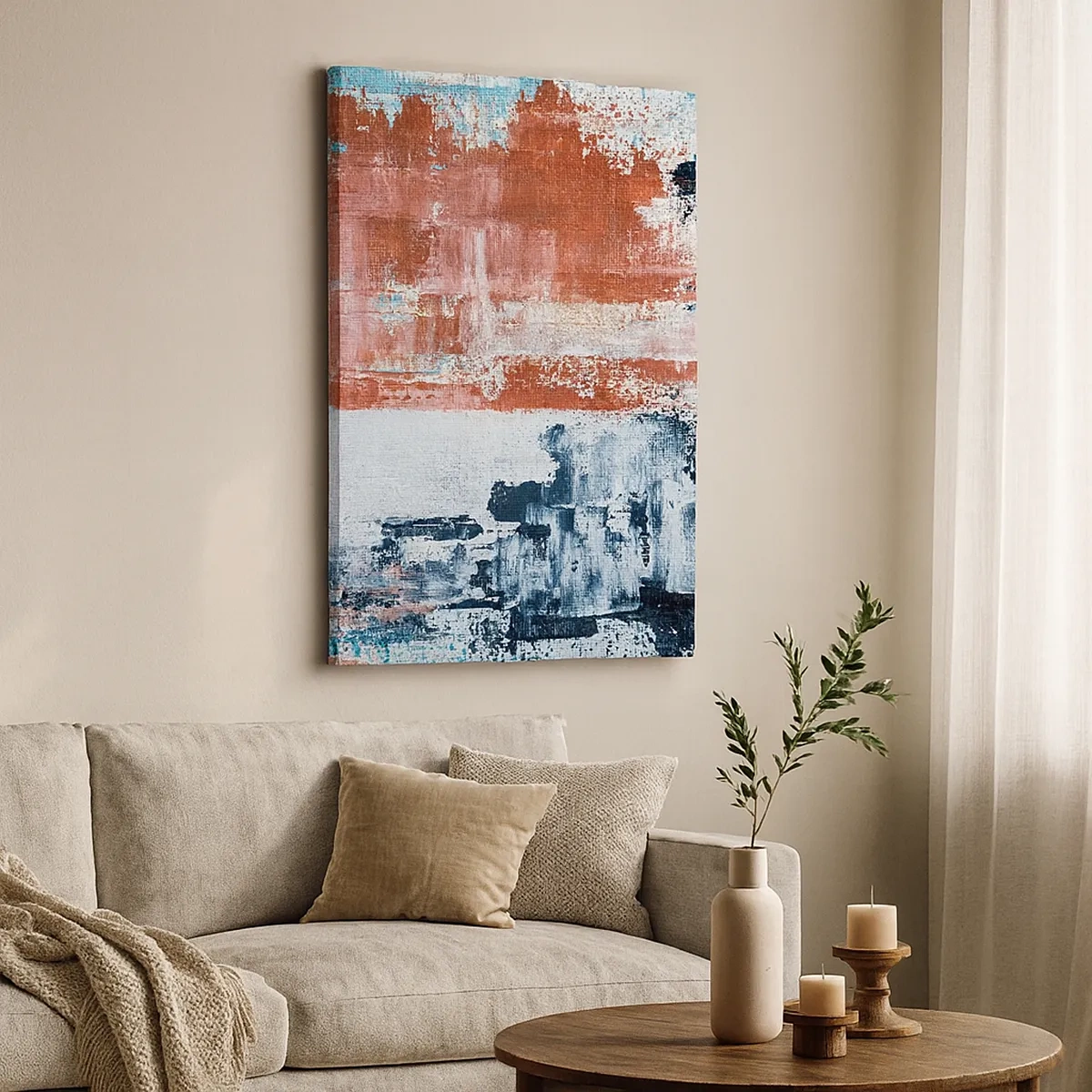 Impression sur toile - Image sur toile - Abstraction aux couleurs blanc, bleu et brique - 50x70cm - Moitié-moitié abstrait - Décoration murale moderne pour le salon et la chambre ARTTOR