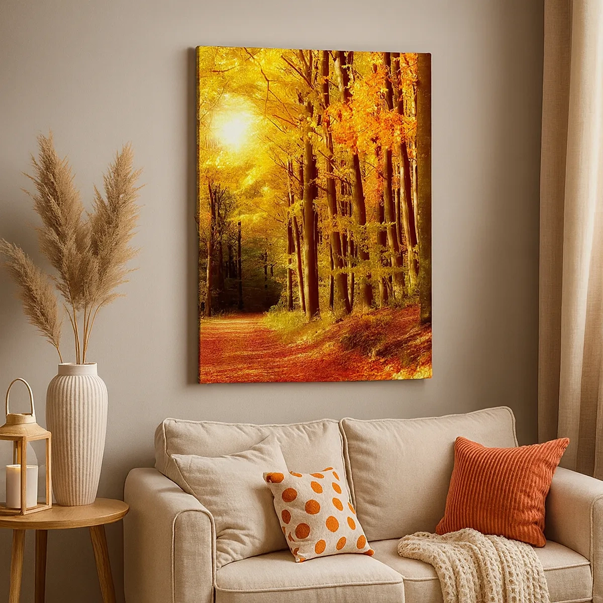 Impression sur toile - Image sur toile - Forêt d'automne avec les rayons du soleil qui brillent à travers les arbres - 50x70cm - Automne doré sur une route forestière - Décoration murale moderne pour le salon et la chambre ARTTOR