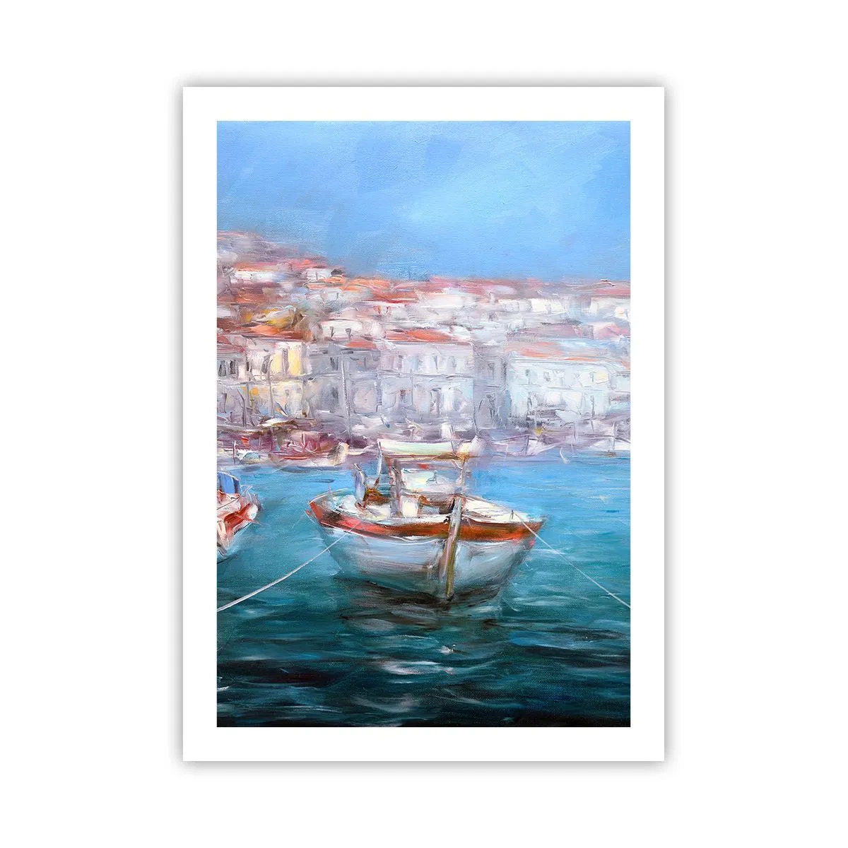 Affiche - Poster - Un bateau dans le port, avec vue sur la ville - 50x70cm - Baie italienne - Décoration murale moderne pour le salon et la chambre ARTTOR