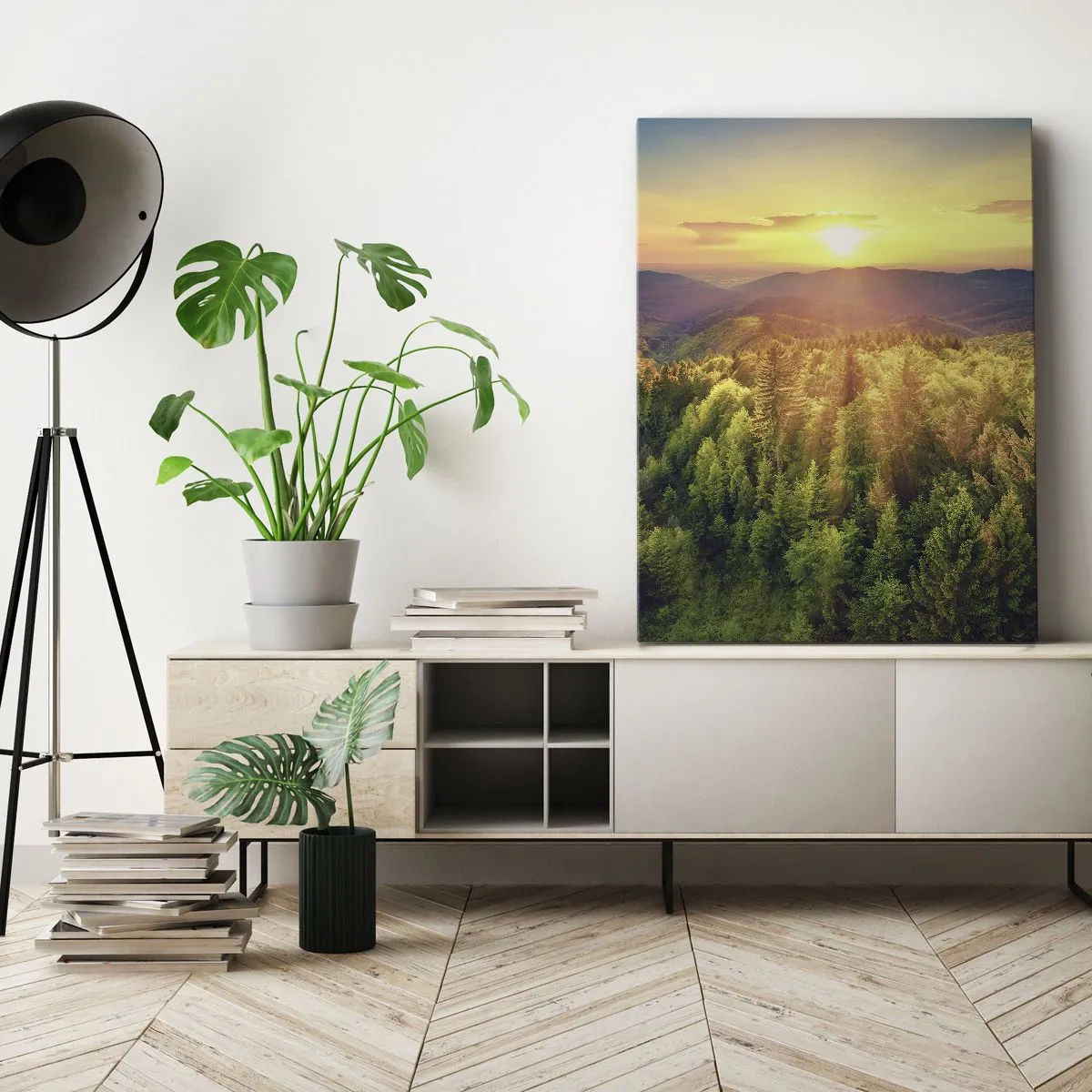 Impression sur toile - Image sur toile - Paysage forestier avec coucher de soleil sur les collines - 50x70cm - Monts et sommets - Décoration murale moderne pour le salon et la chambre ARTTOR