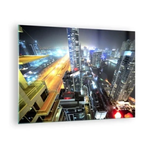 Impression sur verre - Image sur verre - Panorama de la ville nocturne avec des gratte-ciel illuminés - 70x50cm - Un miracle dans le désert - Décoration murale moderne pour le salon et la chambre ARTTOR