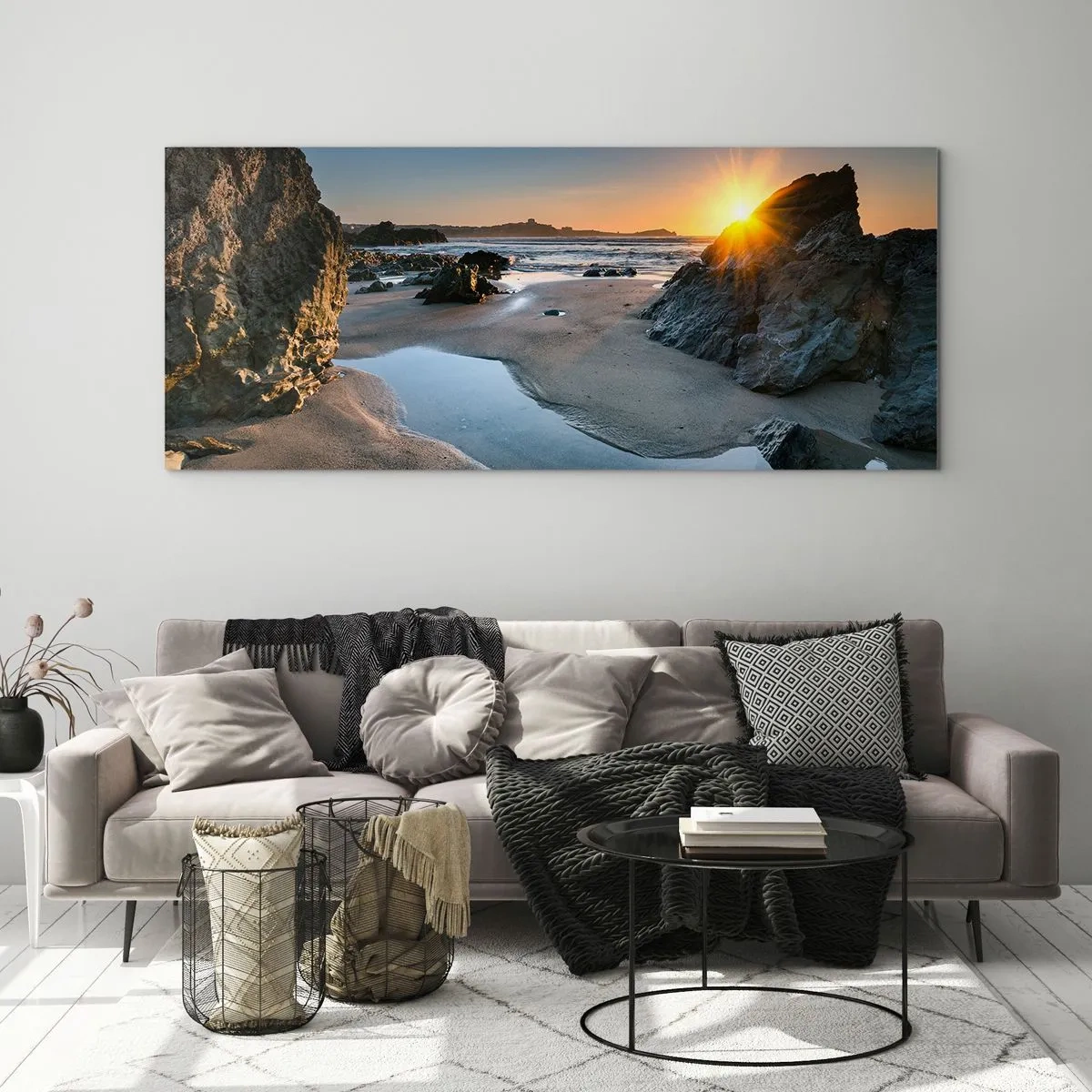 Impression sur verre - Image sur verre - Coucher de soleil pittoresque sur une plage rocheuse - 140x50cm - Intouché par la main de l'homme - Décoration murale moderne pour le salon et la chambre ARTTOR
