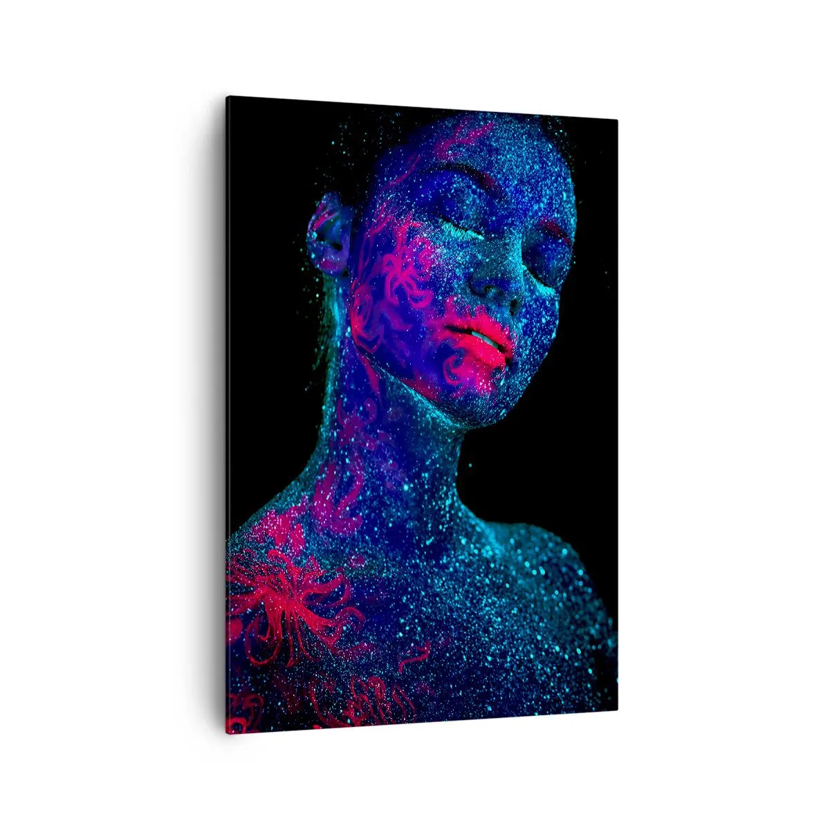 Impression sur toile - Image sur toile - Portrait d'une femme aux couleurs fluo sur fond noir - 70x100cm - Dans la poussière d'étoiles - Décoration murale moderne pour le salon et la chambre ARTTOR