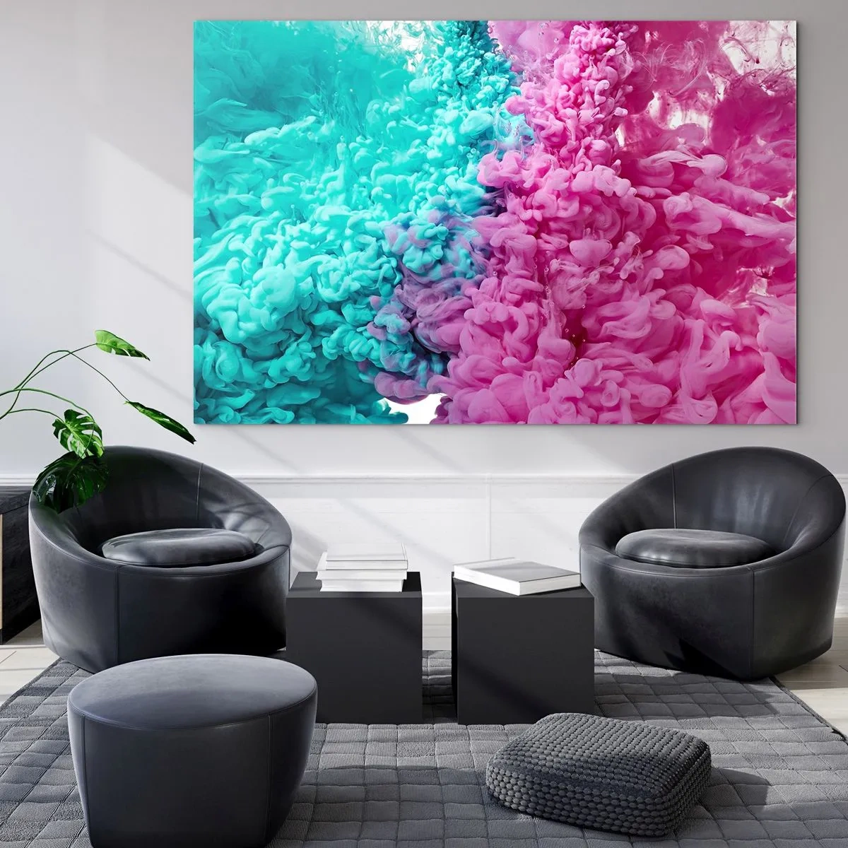 Impression sur verre - Image sur verre - Nuages d'encre colorés en rose et turquoise - 120x80cm - Rencontre finale - Décoration murale moderne pour le salon et la chambre ARTTOR
