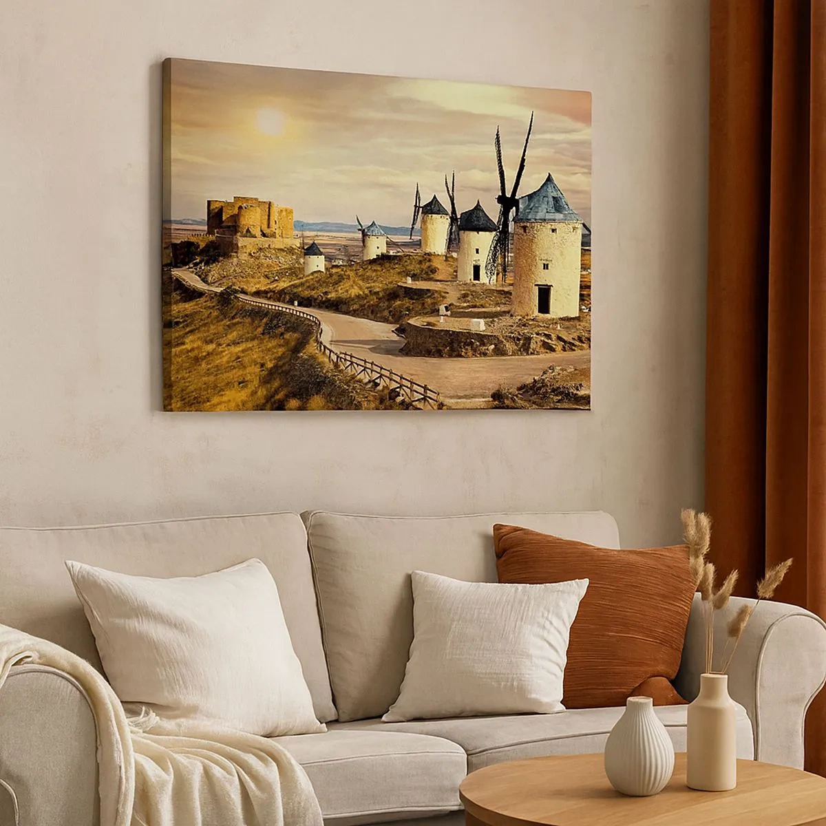 Impression sur toile - Image sur toile - Moulins à vent sur les collines avec un château historique en arrière-plan - 70x50cm - Don Quichotte est sur le point d'arriver - Décoration murale moderne pour le salon et la chambre ARTTOR