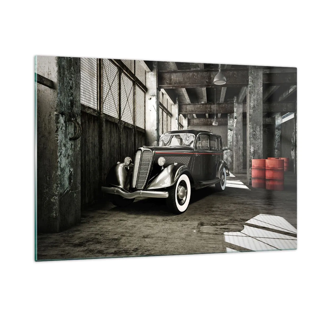 Impression sur verre - Image sur verre - Une voiture ancienne dans un garage élégant - 120x80cm - L'élégance éternelle des années 30 - Décoration murale moderne pour le salon et la chambre ARTTOR