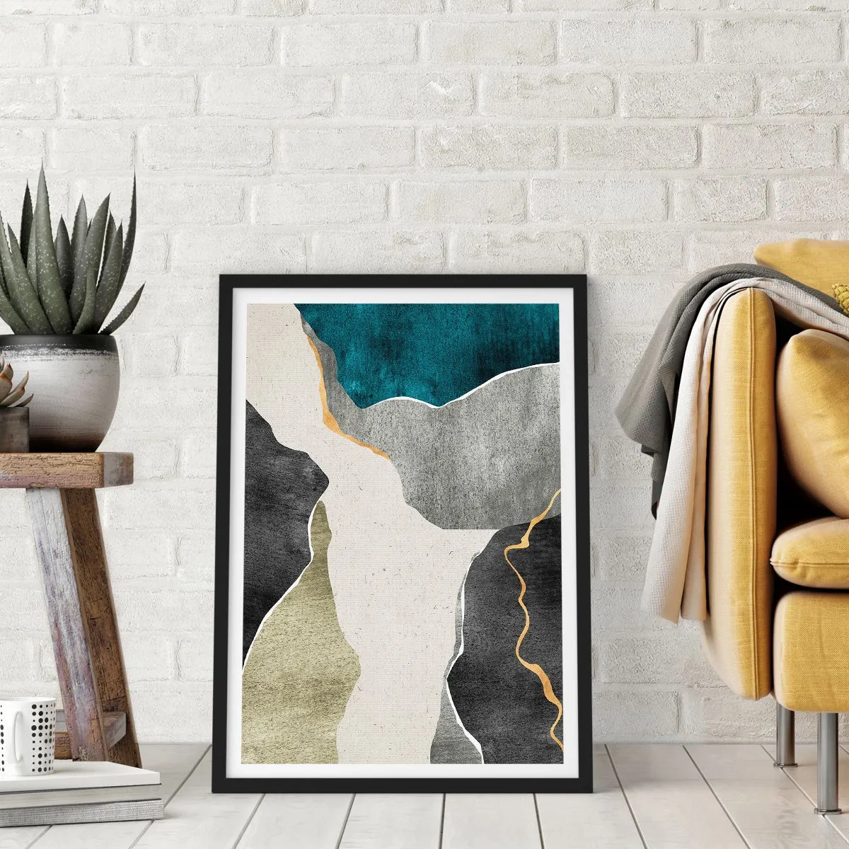 Affiche dans un cadre noir - Poster - Composition abstraite avec des formes géométriques - 50x70cm - Composition mosaïque avec un fil d'or - Décoration murale moderne pour le salon et la chambre ARTTOR