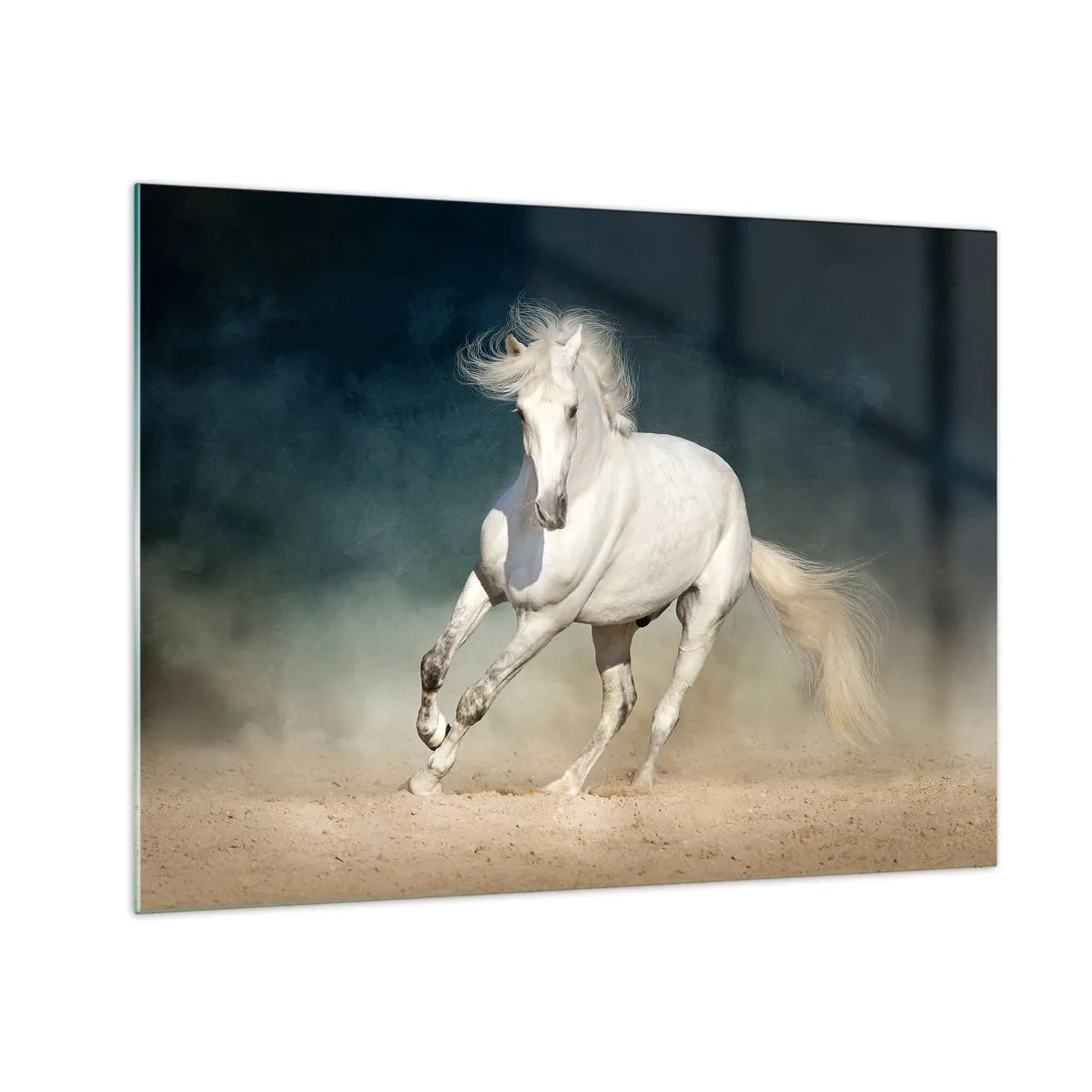Impression sur verre - Image sur verre - Un cheval blanc galopant sur le sable contre un ciel sombre. - 70x50cm - La liberté à l'état pur - Décoration murale moderne pour le salon et la chambre ARTTOR