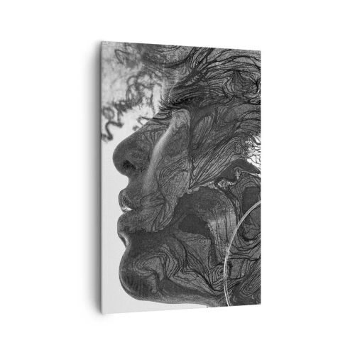 Impression sur toile - Image sur toile - Visage abstrait en noir et blanc avec des lignes dynamiques. - 80x120cm - Emmêlé dans les rêves - Décoration murale moderne pour le salon et la chambre ARTTOR
