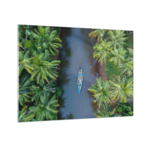 Impression sur verre - Image sur verre - Vue aérienne d'un bateau naviguant dans un canal parmi des palmiers tropicaux - 70x50cm - Sur un sentier tropical - Décoration murale moderne pour le salon et la chambre ARTTOR