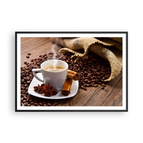 Affiche dans un cadre noir - Poster - Une tasse de café à la cannelle et à l'anis sur un fond de grains de café - 100x70cm - Saveur et arôme épicés - Décoration murale moderne pour le salon et la chambre ARTTOR