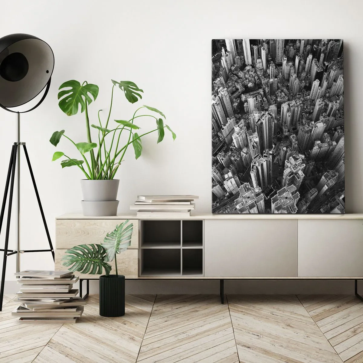 Impression sur toile - Image sur toile - Vue aérienne de la ville en noir et blanc - 50x70cm - Toujours de plus en plus haut - Décoration murale moderne pour le salon et la chambre ARTTOR
