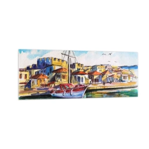Impression sur verre - Image sur verre - Un port pittoresque avec un bateau et des bâtiments colorés - 140x50cm - Après-midi arc-en-ciel - Décoration murale moderne pour le salon et la chambre ARTTOR