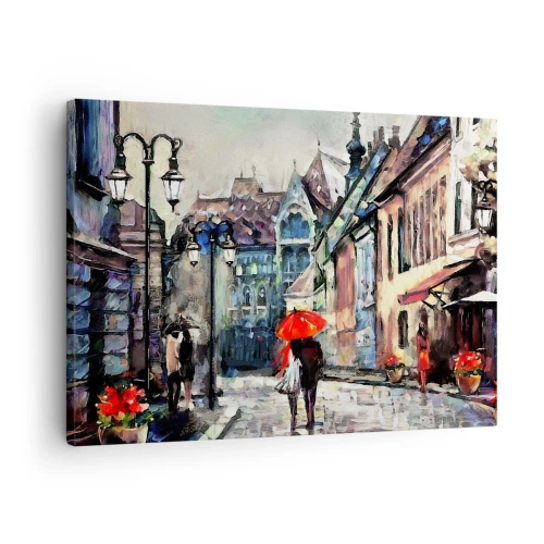 Impression sur toile - Image sur toile - Une charmante rue de la ville avec un couple sous un parapluie rouge - 70x50cm - Pluie pour deux - Décoration murale moderne pour le salon et la chambre ARTTOR