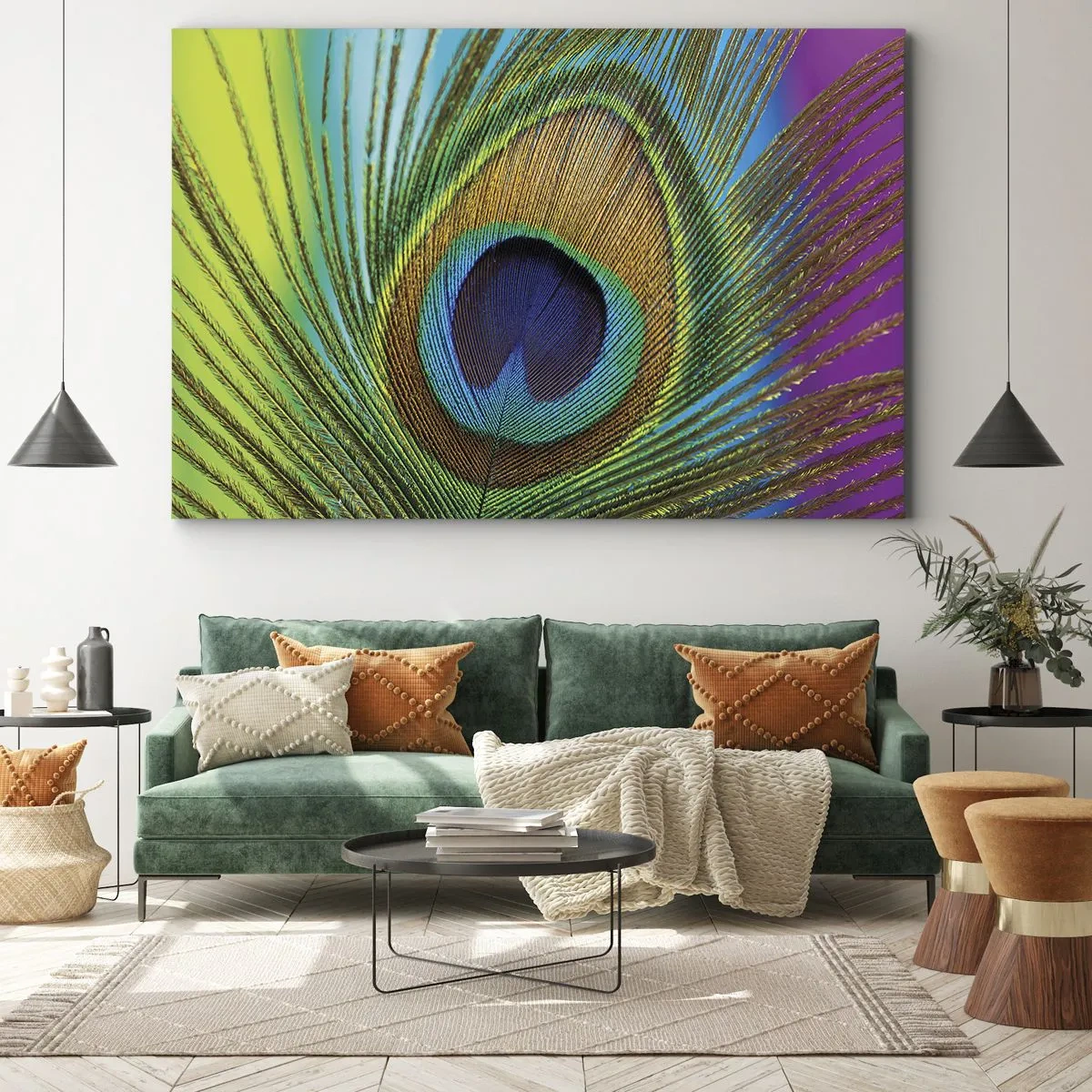 Impression sur toile - Image sur toile - Gros plan d'une plume de paon aux couleurs vives - 70x50cm - Les yeux dans les yeux - Décoration murale moderne pour le salon et la chambre ARTTOR