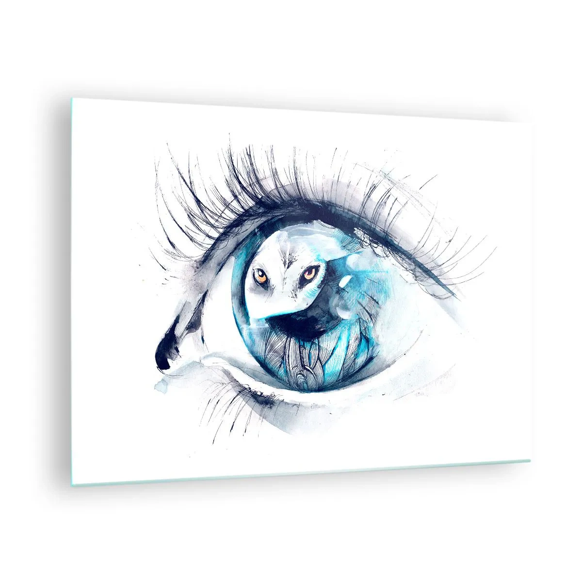 Impression sur verre - Image sur verre - Un œil de femme avec un motif de hibou dans un style aquarelle - 70x50cm - Face à face avec la nature sauvage - Décoration murale moderne pour le salon et la chambre ARTTOR