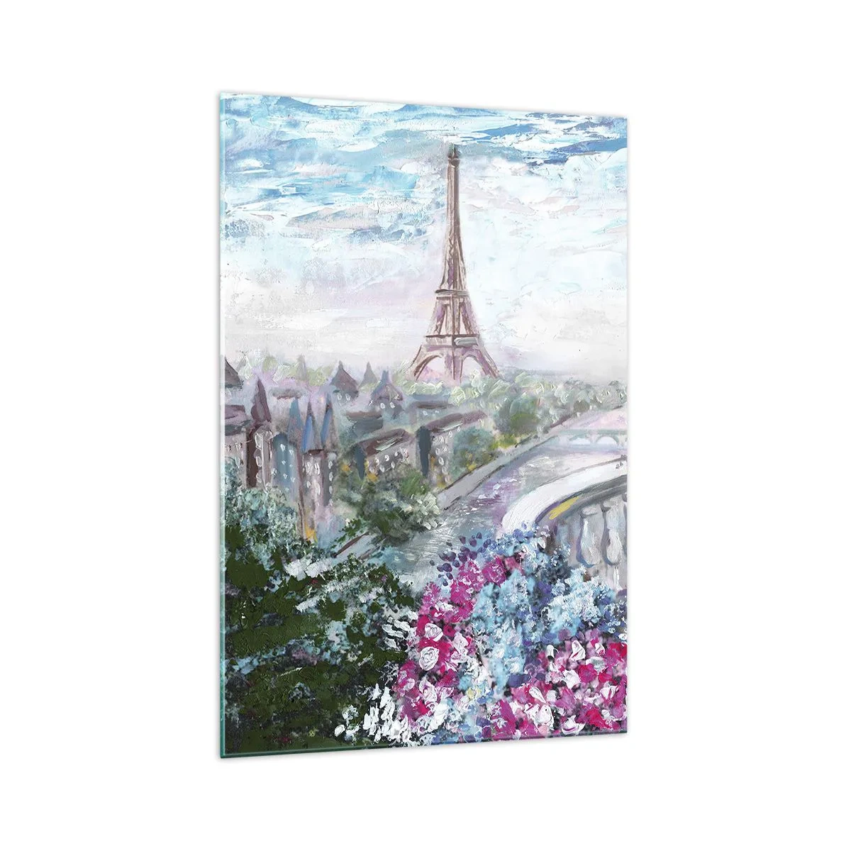 Impression sur verre - Image sur verre - Une vue romantique de Paris avec la Tour Eiffel et un balcon rempli de fleurs - 70x100cm - C'est le plus beau ici en mai - Décoration murale moderne pour le salon et la chambre ARTTOR
