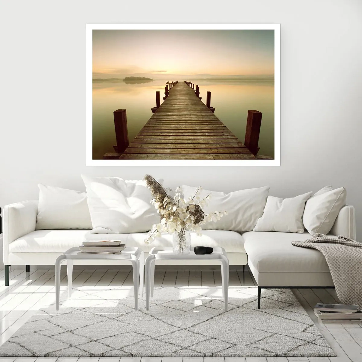 Affiche - Poster - Une jetée en bois sur un lac calme le matin - 100x70cm - L'aube, les premières lueurs, le jour  - Décoration murale moderne pour le salon et la chambre ARTTOR