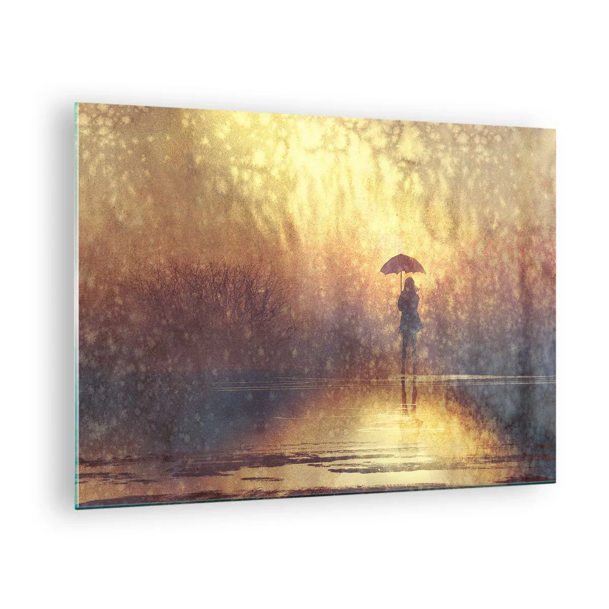 Impression sur verre - Image sur verre - Une silhouette avec un parapluie à la lumière du soleil couchant et de la pluie - 70x50cm - Je sens que quelqu'un me regarde - Décoration murale moderne pour le salon et la chambre ARTTOR