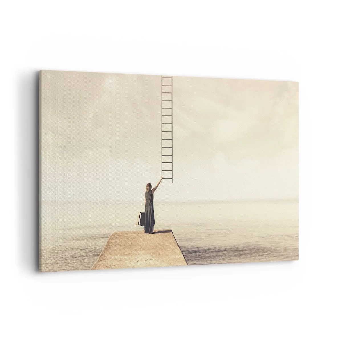 Impression sur toile - Image sur toile - Une femme debout sur une jetée avec une échelle menant au ciel - 120x80cm - Voyage magique - Décoration murale moderne pour le salon et la chambre ARTTOR