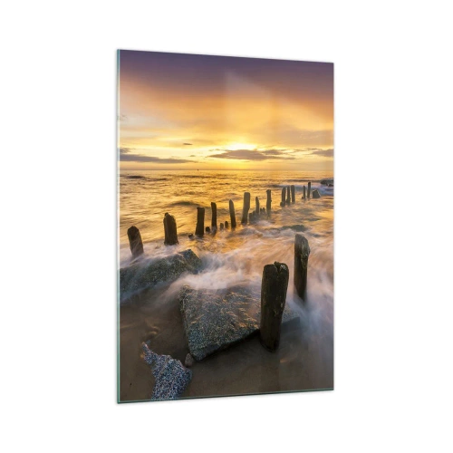 Impression sur verre - Image sur verre - Coucher de soleil sur la mer avec les vestiges d'une ancienne jetée - 70x100cm - La beauté brute de la mer Baltique - Décoration murale moderne pour le salon et la chambre ARTTOR