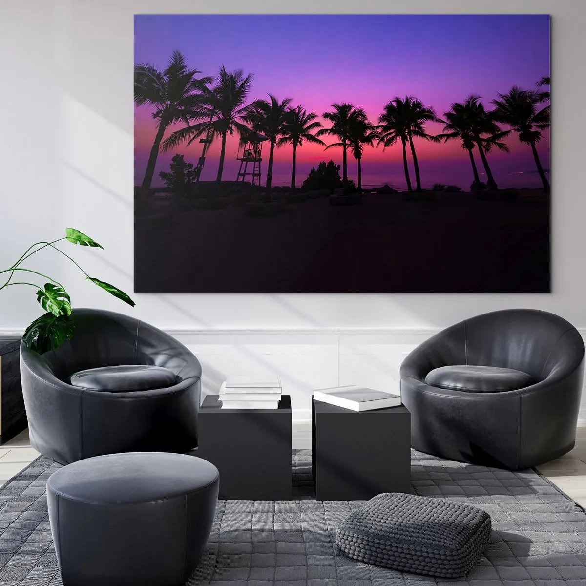 Impression sur verre - Image sur verre - Palmiers sur fond de coucher de soleil violet-rose - 70x50cm - Soirée sous les palmiers - Décoration murale moderne pour le salon et la chambre ARTTOR