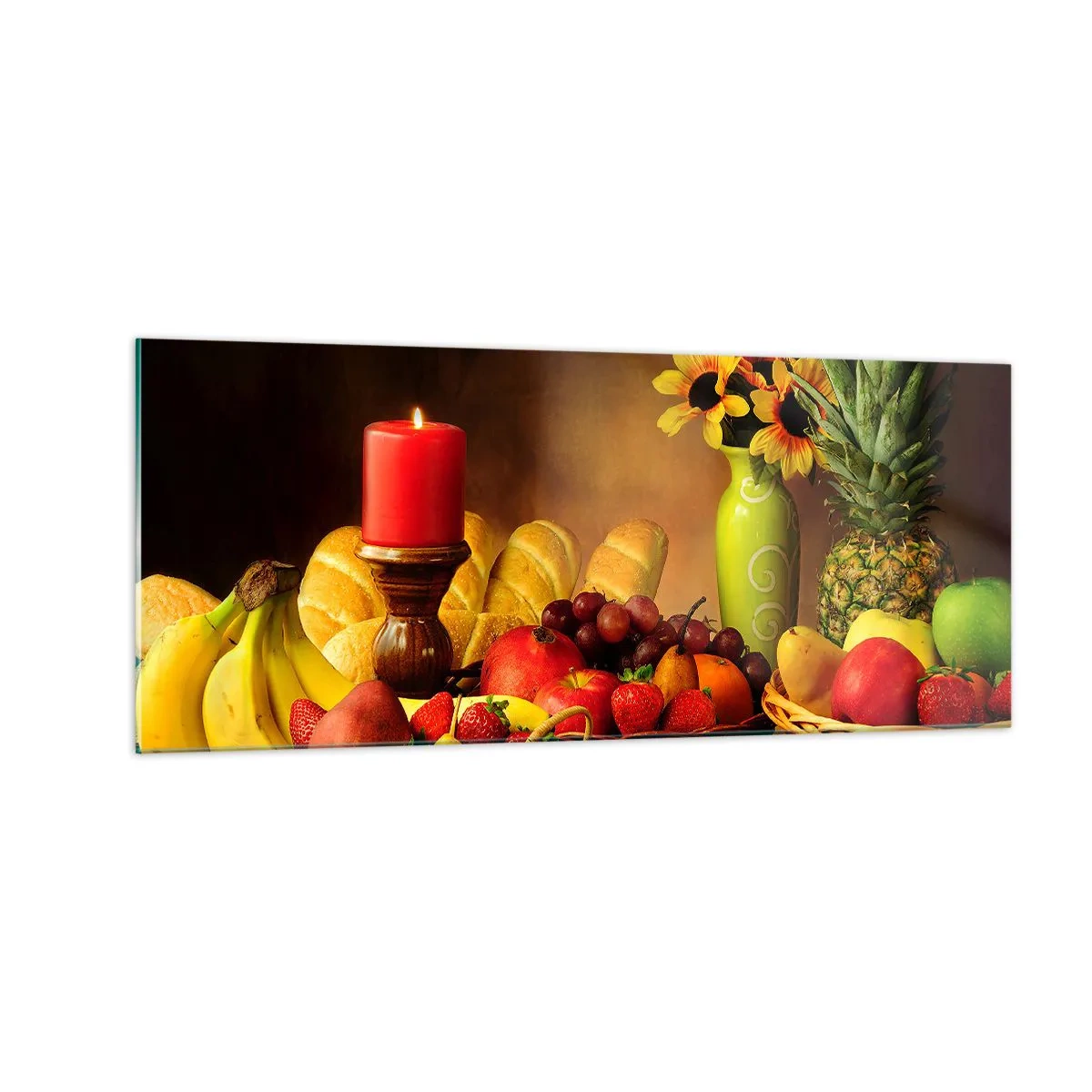 Impression sur verre - Image sur verre - Nature morte de pain et de fruits - 100x40 cm