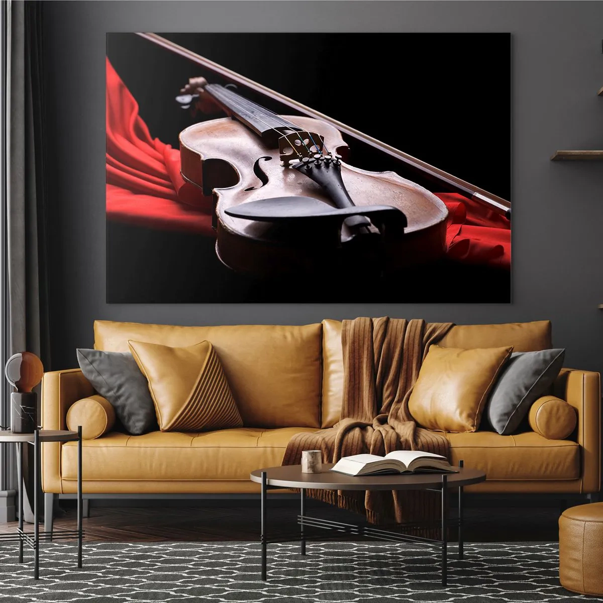 Impression sur verre - Image sur verre - Violon sur tissu rouge sur fond noir - 70x50cm - Musique des sentiments - Décoration murale moderne pour le salon et la chambre ARTTOR