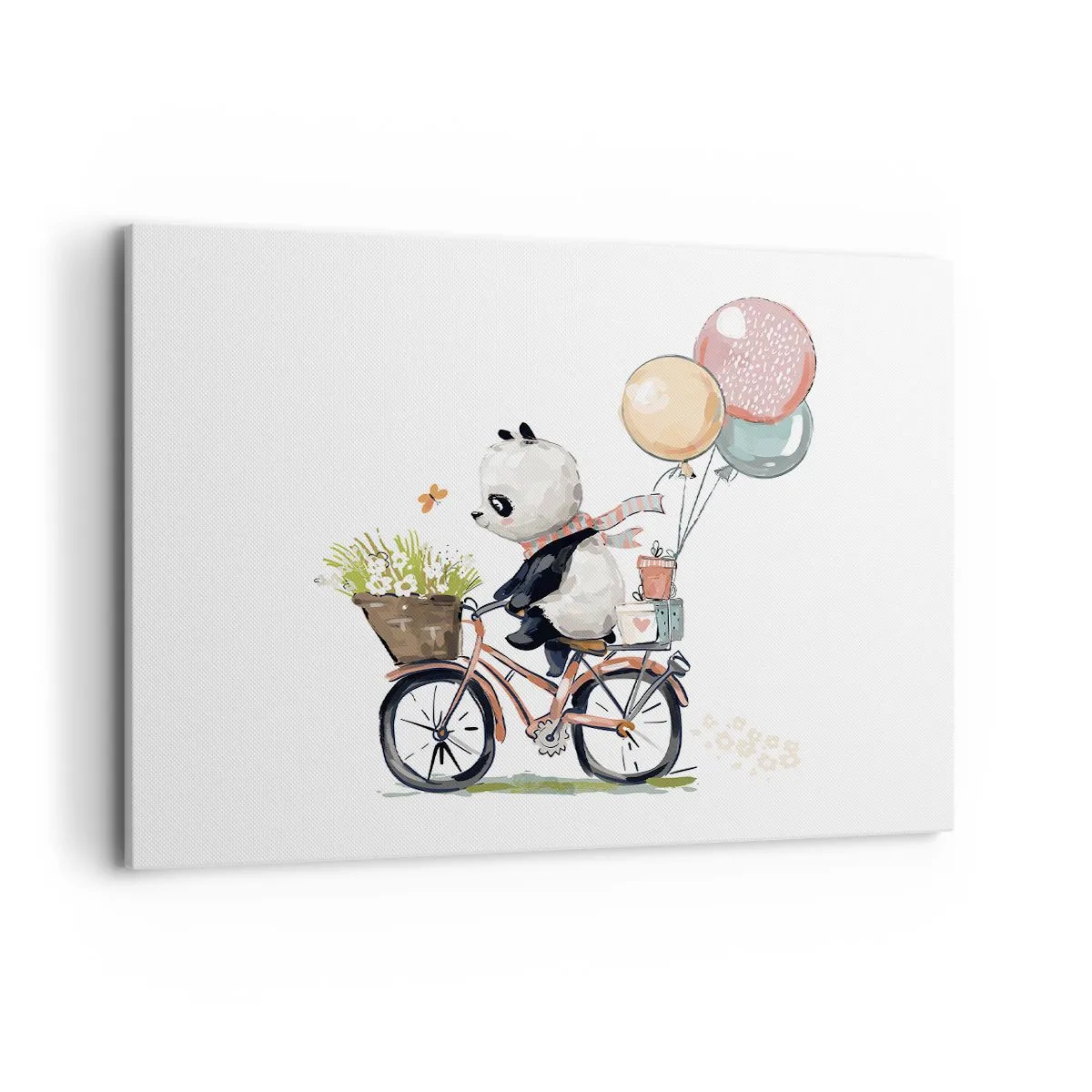 Impression sur toile - Image sur toile - Panda sur un vélo avec des ballons et des fleurs - 100x70cm - Jour de chance - Décoration murale moderne pour le salon et la chambre ARTTOR